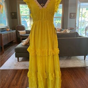 Flutter-Sleeve Tiered Maxi Dress in Yellow